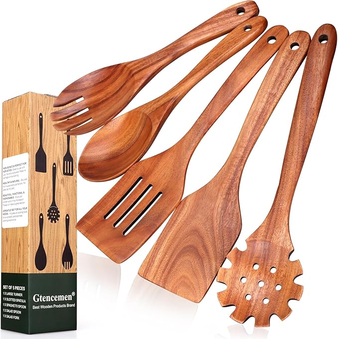 5 Pcs Best Wooden Spoons for Cooking Kitchen Utensil Set Teak Wood Spatula Slotted Spatulas for Nonstick Cookware Pasta Spoon Salad Fork & Spoons Non Toxic Wooden Utensils BPA Free
