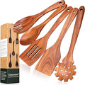 5 Pcs Best Wooden Spoons for Cooking Kitchen Utensil Set Teak Wood Spatula Slotted Spatulas for Nonstick Cookware Pasta Spoon Salad Fork & Spoons Non Toxic Wooden Utensils BPA Free