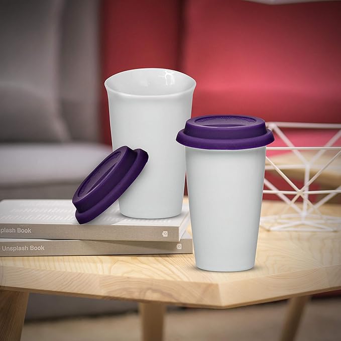 DISCOUNT PROMOS 11 oz. Double Wall Ceramic Tumblers with Lid - 6 Pack - Purple