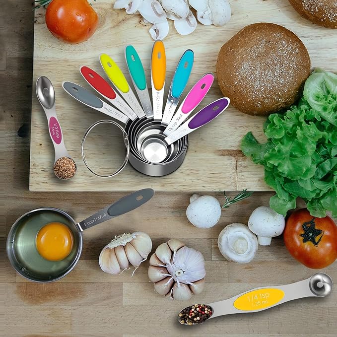 16PCS Magnetic Measuring Spoons and Measuring Cups Set, 7 Double-Sided Spoons& 1 Leveler and 8 Measuring Cups, Multicolor, Stainless Steel, Fits Spice Jars, Large Capacity Measurement