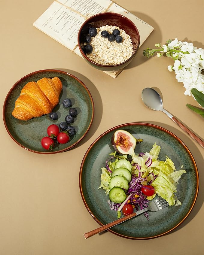 Stoneware Dinnerware Sets, Ceramic Plates and Bowls Set, Microwave & Dishwasher Safe Kitchen Dishes, Modern Dinner Salad Plates | Cereal Bowls, Dishware Sets Service for 4 Sage Green