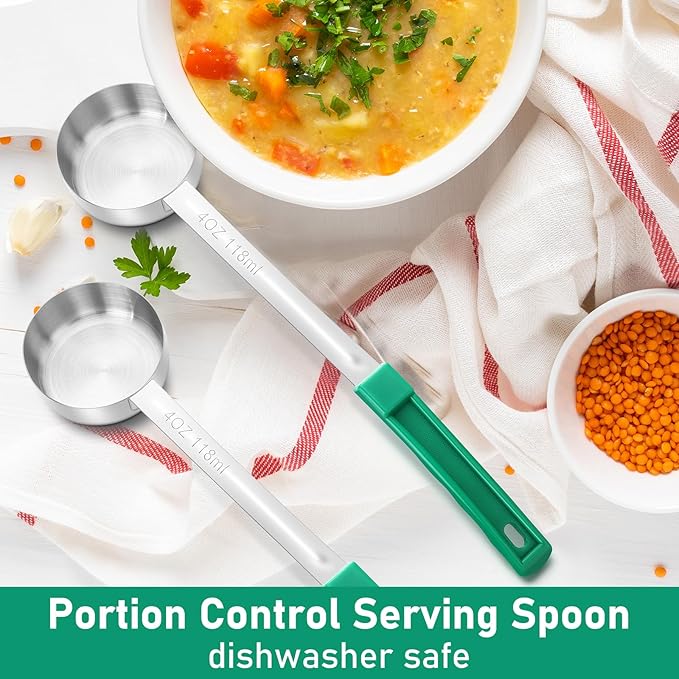 2 Pcs Portion Control Serving Spoons, Restaurant Measuring Serving Ladle Utensils, Portion Spoons for Weight Loss, Kitchen(Green,4 oz,Solid)