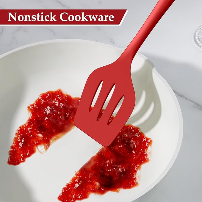 LIANYU 4Pcs Kitchen Utensils, Silicone Cooking Utensils Set, Heat Resistant Cooking Tools, Include Turner, Spoon, Pasta Server for Nonstick Cookware, Healthy & Dishwasher Safe, Red