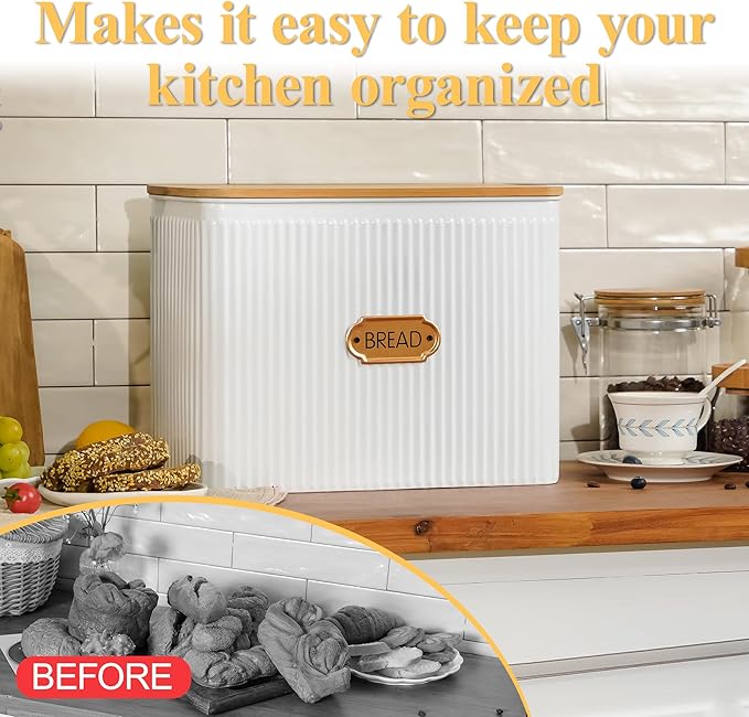 Extra Large Bread Box for Kitchen Countertop Corner Breadbox for Homemade Bread Metal White Vertical Stripe Pattern Embossed Storage Container Bin with Bamboo Lid Fits 2 Loaves of Bread