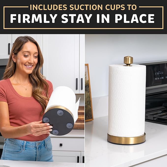 Dear Household Stainless Steel Paper Towel Holder Easy One-Handed Operation - This Sturdy Weighted Paper Towel Dispenser Countertop Model Has Suction Cups and Holds All Paper Towel Rolls - Gold