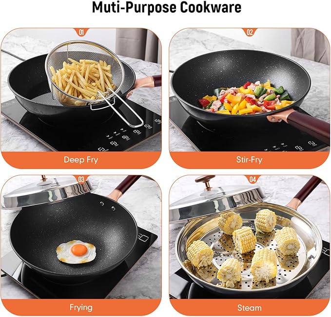 12.5-Inch Carbon Steel Wok Pan with Lid: Woks & Stir-Fry Pans Nonstick with Steamer for Cooking Pan Set, Large Deep Chinese Frying Saute Pan Wok Skillet, Induction Compatible, Stay-Cool Handle, Gifts