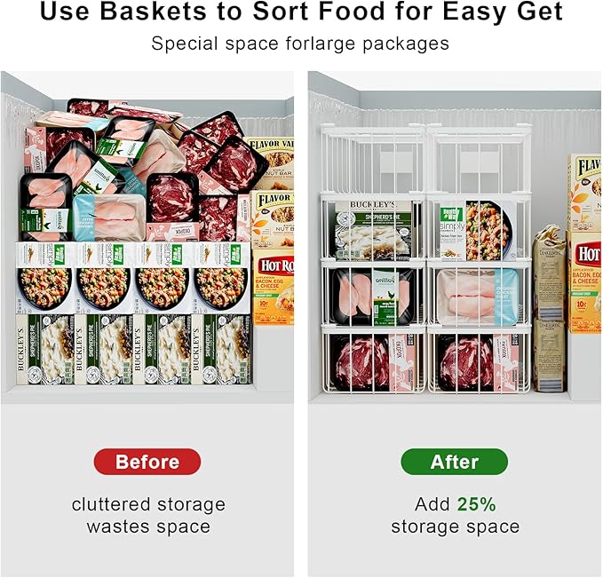 Freezer Storage Organize Baskets - 8 Pack Stackable Deep Freezer Organizer Bins for Most 7 Cu.FT Chest Freezer with Handles, Sturdy but Light, Metal Coated, Add Space, Easy to Reach