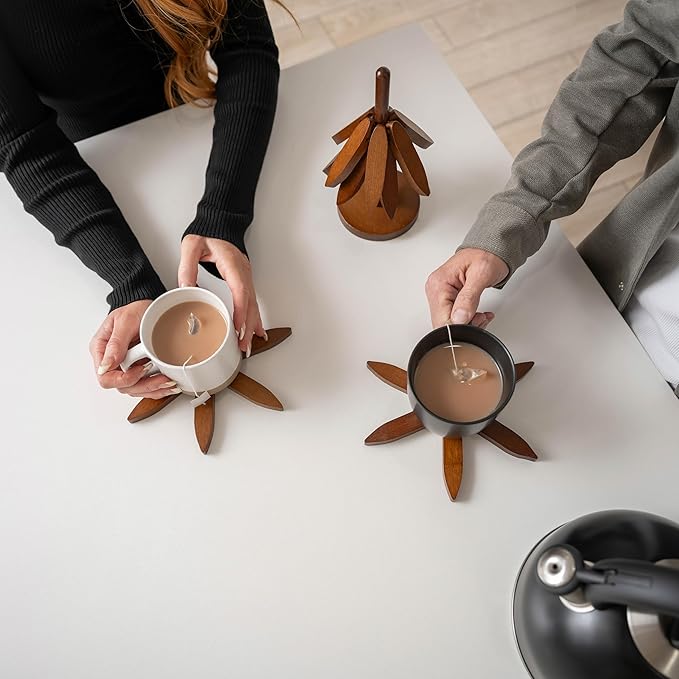 Wooden trivets for hot Dishes – 4 Tree-Shaped Coasters & 1 Stand for Hot Pots, Dishes | Heat-Resistant, Space-Saving Pot Rest & Cozy Kitchen Decor, Tree Trivets for Counter + Special Bonus (Walnut)