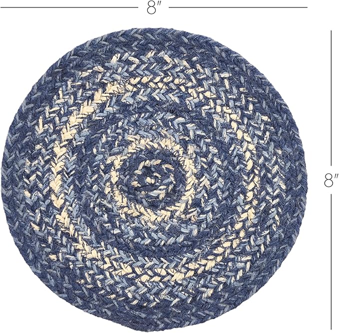 VHC Brands Great Falls Blue Trivet Hot Pad for Pots Pans, Blue White, Jute Blend, Round Circle, 8 Inches