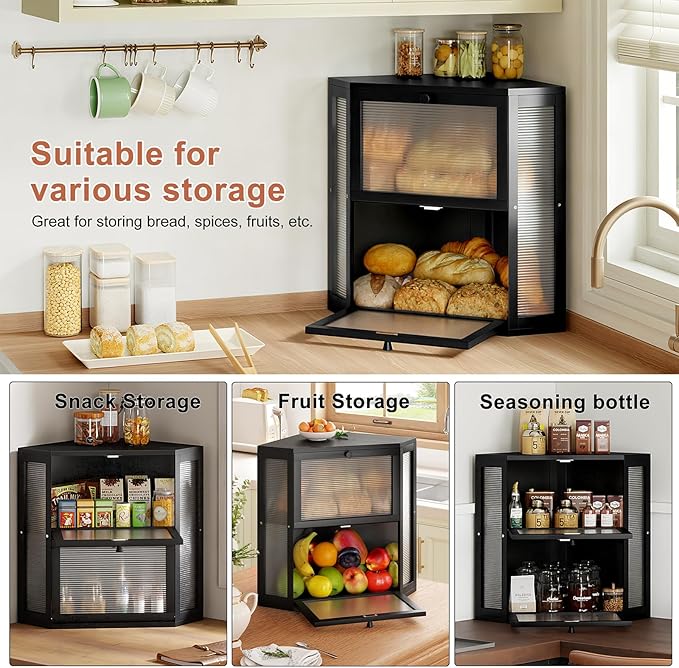 WOWLIVE Corner Bread Box for Kitchen Countertop, Double Layer Bamboo Bread Storage Container, Large Farmhouse Bread box with Acrylic Wavy Door Panel, Under Cabinet Organizer (Black, Extra Large)