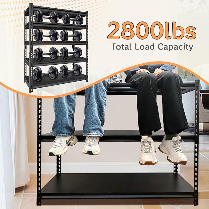 48''W Utility Garage Shelves: 2,800Lbs Heavy Duty Steel Metal Adjustable Shelving Storage Industrial Rack Units 5 Tier Black 48" W x 24" D x 78" H