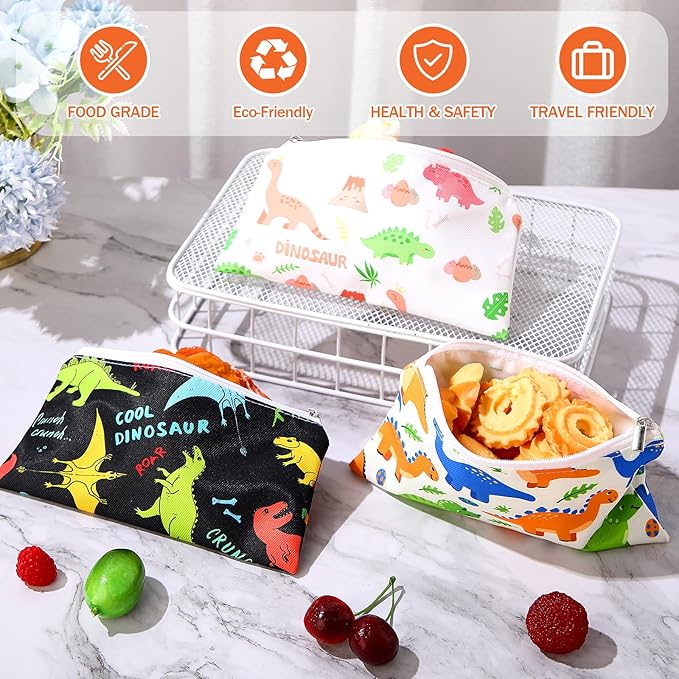 Chumia 6 Pcs Reusable Snack Bags Christmas Gifts Food Safety Washable Snack Bags Lunch with Zipper Portable Sandwich Bag Food Storage Pouch Double Layer(Dinosaur,6.9 x 3.7 Inches)