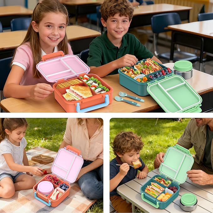 Bento Box for Kids with Soup Thermos(9oz)– Kid Bento Lunch Box with Leak Proof Insulated Food Jar, Hot & Cold Lunch Container Set for School Girls Boys, 4-Compartments, Pink/Orange