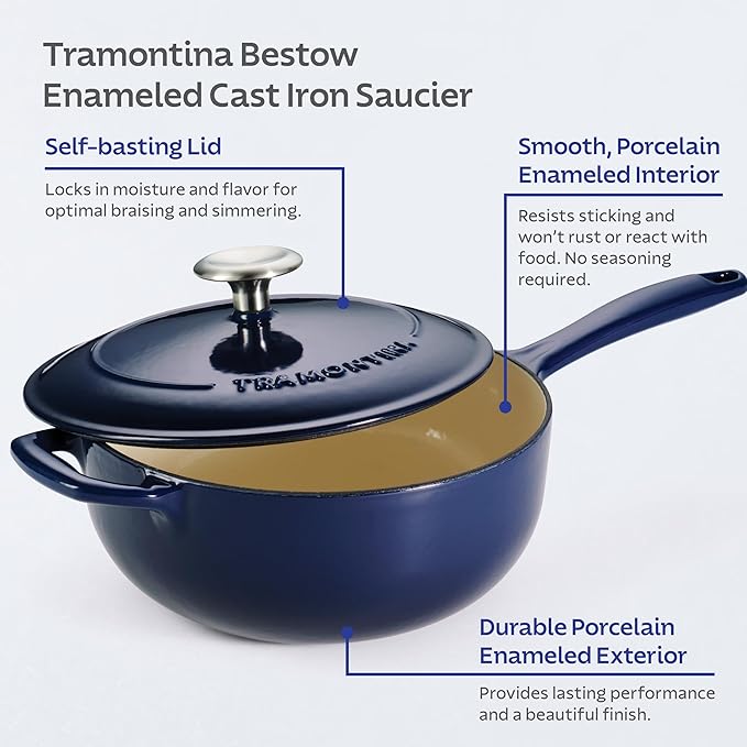 Tramontina Bestow Enameled Cast Iron Saucier Pan with Lid, 3-quart, Blue