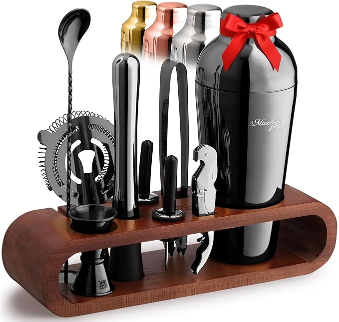 Mixology Bartender Kit: 10-Piece Bar Tool Set with Mahogany Stand | Perfect Home Bartending Kit and Martini Cocktail Shaker Set for a Perfect Drink Mixing Experience | Housewarming Gift (Gun-Metal)