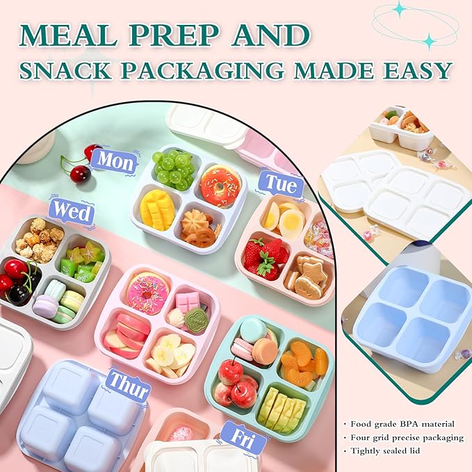 Honeydak 10 Pack Snack Container 4 Compartment Reusable Bento Snack Boxes Divided Lunchable Containers with Lids Meal Prep Lunch Food Storage Boxes for School Work Travel (Macaroon Color)