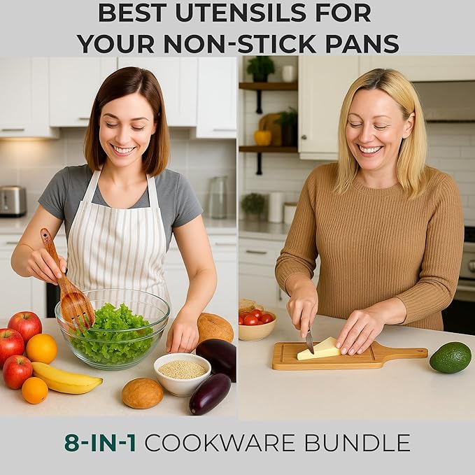 Teak Wooden Cooking Spoons Set -8-Piece Nonstick Cookware - Handmade Wooden Teak-Bamboo Charcuterie Board With Knife - Wooden Kitchen Utensils, Ideal Gift Set For Weeding,Birthday