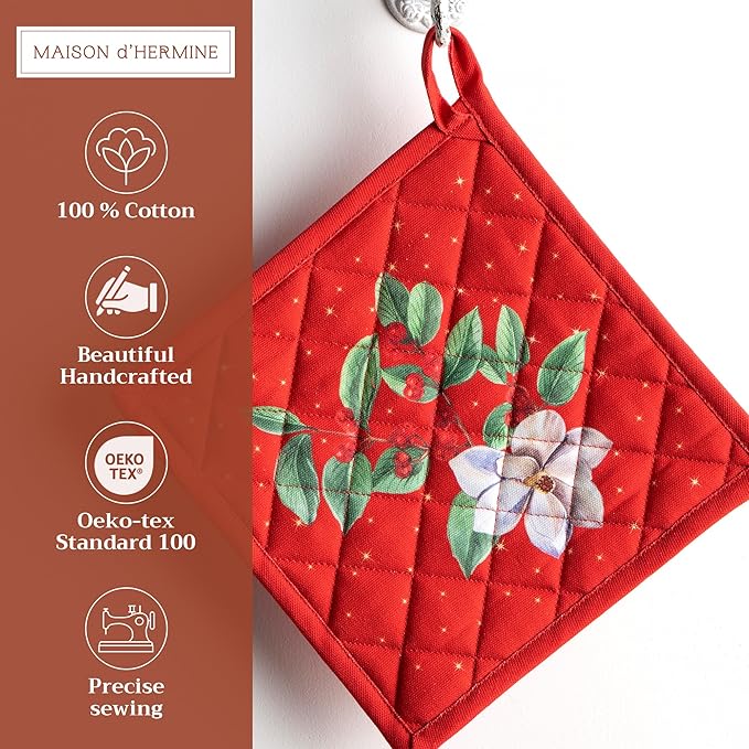Maison d' Hermine Pot Holders Set 100% Cotton Heat Resistant Potholders 8" x 8" Hot Pads with Loop for Thanksgiving Christmas Decorations BBQ Cooking Baking Handling Hot Pans (Pack of 2, Noel)