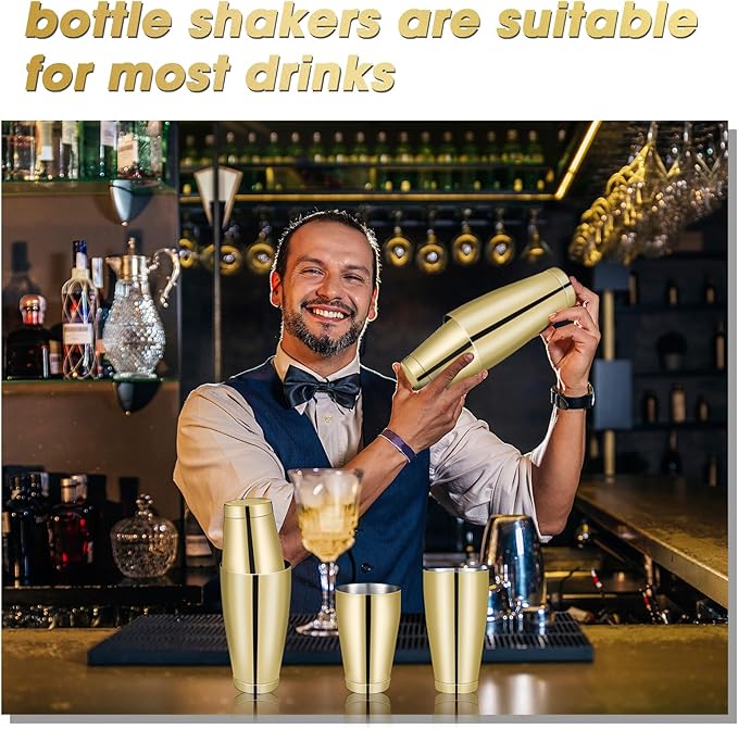 Lallisa 10 Pieces Cocktail Shakers Professional Bar Boston Shaker Set Stainless Steel Martini Shaker Drink Mixer Basic Tools Weighted Shake Metal Can for Bartenders, 18 Oz, 28 oz(Gold)