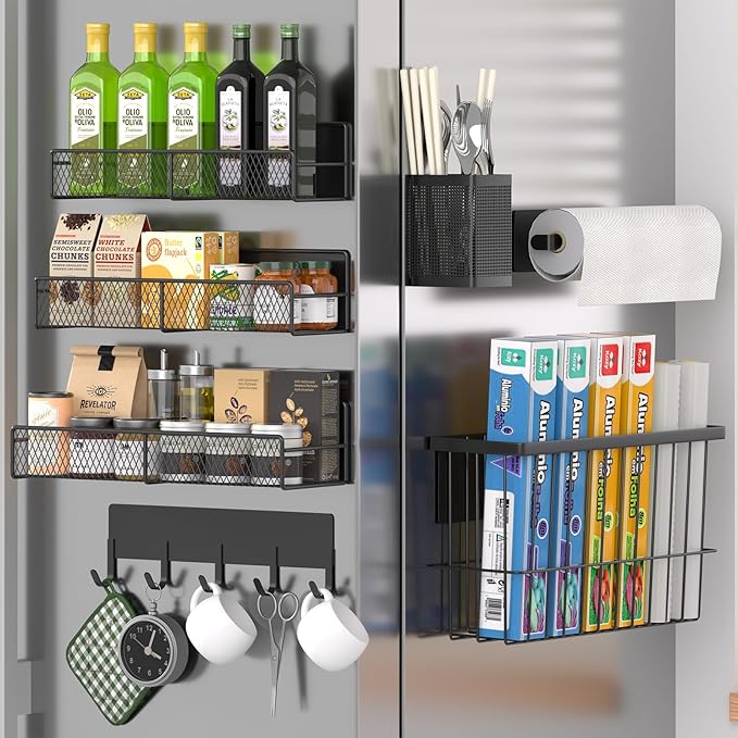 Magnetic Spice Rack for Refrigerator, 7 Pack 100% Metal Strong Magnet Shelf, Spice Organizer W/ Paper Towel Holder, Hook Rack, Utensil Caddy & Cutting Board Holder, Home Kitchen Organization (Black)