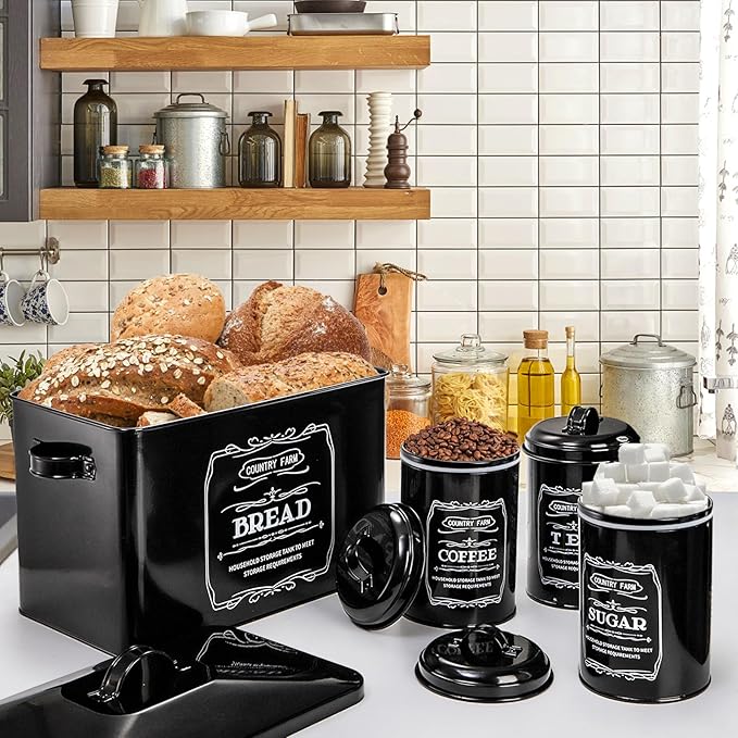 yarlung Metal Bread Box with 3 Kitchen Canisters Set, Large Black Farmhouse Bread Tin for Kitchen Countertop, Coffee Tea Sugar Canister with Airtight Lid for Pantry Organizer Home Storage