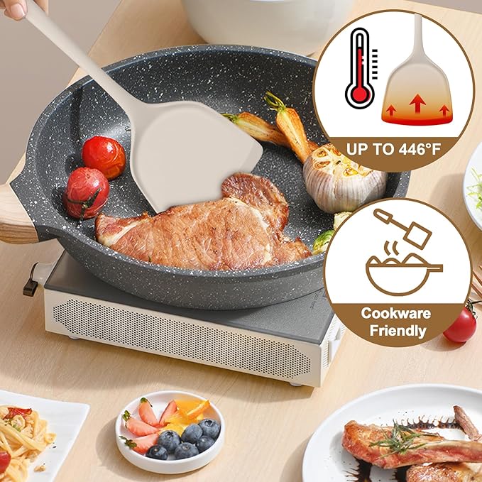TeamFar Silicone Cooking Utensils Set, 5-Piece Heat Resistant Kitchen Utensils Set, Nonstick Slotted Solid Spoon Turner Pasta Server for Frying, Serving, Mixing, Non-Toxic & Dishwasher Safe, Khaki