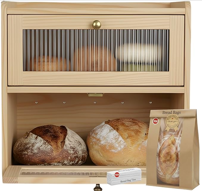 Bread Box for Kitchen Countertop - Wooden 2 Tier Bread Box with 10x Bread Bags and 10x Bread Bag Ties Vintage Breadbox Bread Storage Container Farmhouse Food Organizer Pantry Shelf (Yellow)