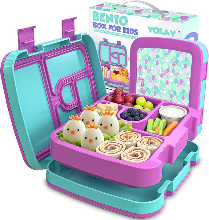 YOLAY Bento Box for Kids Lunch Box Leak-Proof, 5-Compartment Lunch Box Kids for Ages 3-10, Durable with Anti-Slip Base, Suitable for Schools, Outdoor and Travel (Mermaid) (Scallop)