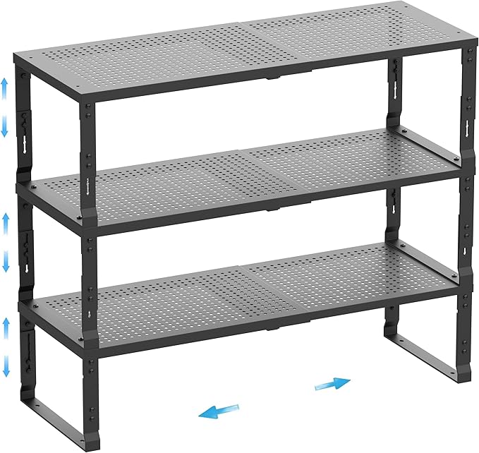 Expandable Spice Rack,Stackable Storage for Cabinet, Multi-Functional Kitchen Shelving,Height-Adjustable,Sustainable Organizer Solution(3Packs/Black/Large)