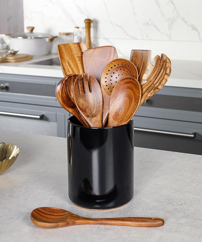Nucookery Wooden Cooking Utensils Set with Holder, Teak Wood Utensils, Ceramic Holder for Countertop with Protection Cork Bottom, Nonstick Spoons, Cooking Spatula Set, 10 Pcs Kitchen Decor, (Black)