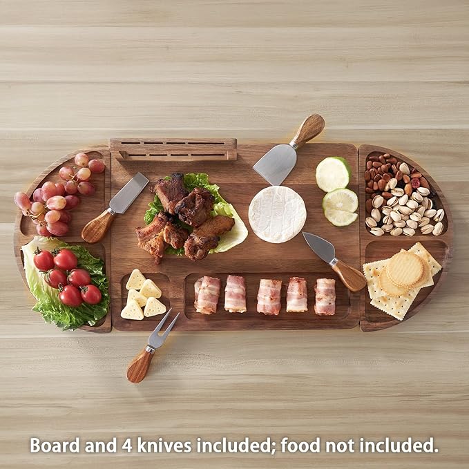 Large Acacia Wood Charcuterie Board Set, 25-inch 3-Piece Tray with 4 Knives & Magnetic Holder, Long Round Cheese & Appetizer Platter for Serving, Crackers, Snacks