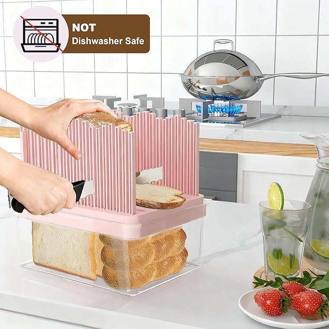 Bread Box with Slicer, Portable Airtight Bread Storage Container with Lid Handle for Kitchen Counter, Bread Keeper for Homemade Bread,Toast, Bagel, Cookies, Pink