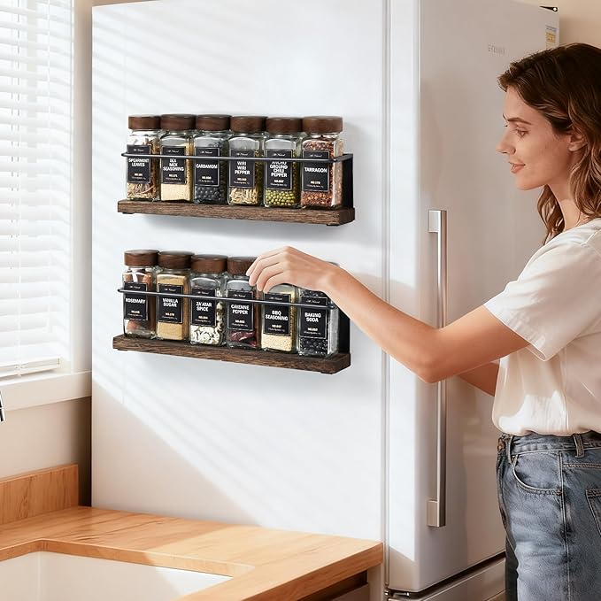 Wooden Lid Magnetic Spice Rack with 12 Jars, 216 Labels, 1 Steel Funnel for Refrigerator，Microwave Oven - Full Set of Spice Organizer