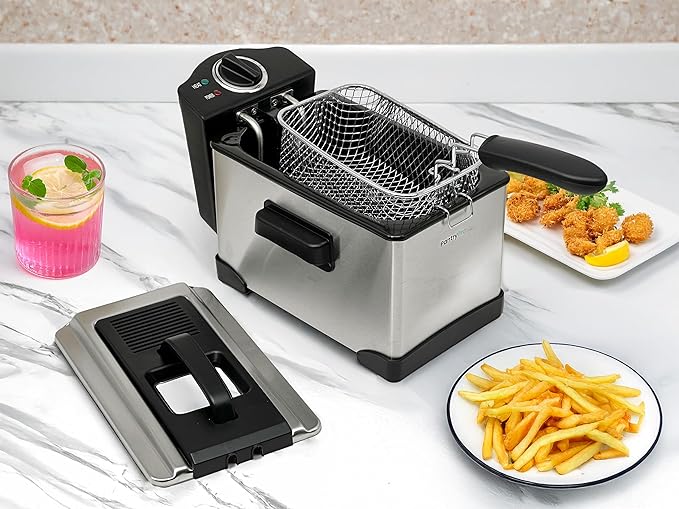2 L / 2.1 Qt Stainless Steel Immersion Electric Deep Fryer 1400 W - Drip-Hook Basket - Precise Temperature Control - Lid w. Viewing Window - Odor Filter by TheDisplayGuys