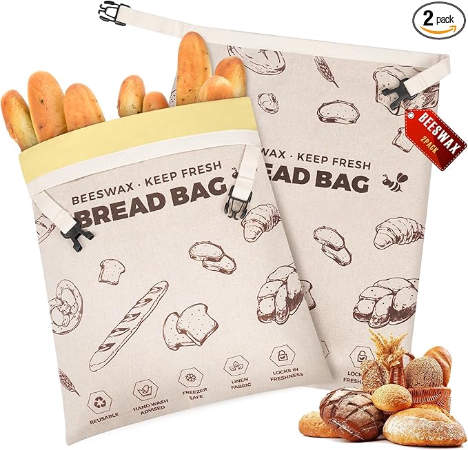 YARRAMATE Beeswax Bread Bags for Homemade Sourdough, Reusable Linen Food Storage Bags to Keep Loaf Fresh, Large Freezer Safe and Eco Friendly Bread Containers (17x13", 2 Pack)