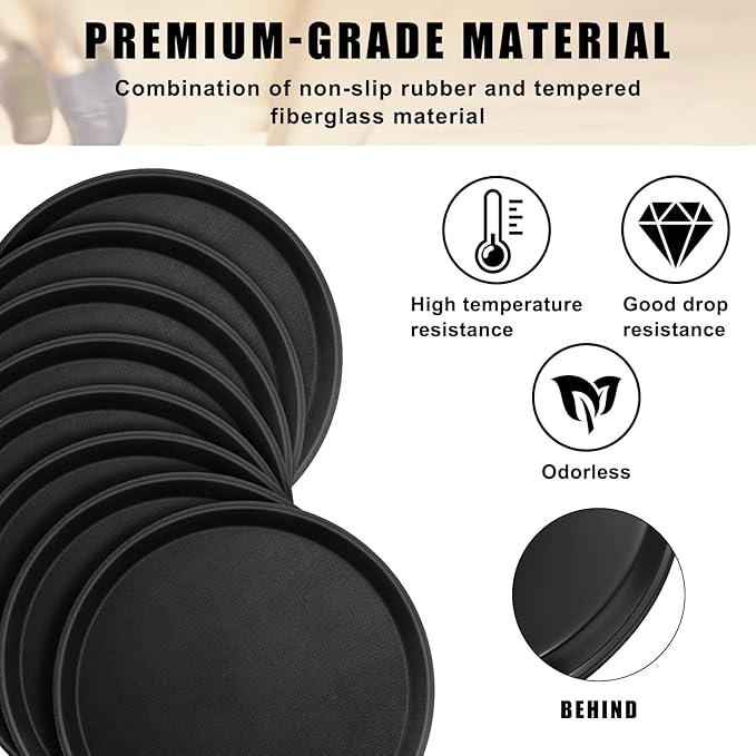 Zopeal 8 Pieces Black Round Restaurant Serving Tray, Plastic Non Slip Surface Food Meals Server Tray with Raised Edges for Home, Kitchen, Restaurant, Cafeteria, Bar (11",16")
