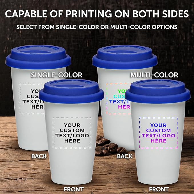Personalized 11 oz. Double Wall Ceramic Tumblers with Lid - 6 Pack - Custom Text, Logo - Blue