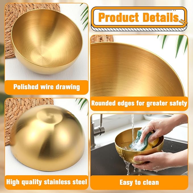 SHENLIU 10 Pcs 5.9 Inch Gold Mixing Bowls, Metal Stainless Steel Mixing Bowls Decorative for Salad Dessert Cereal Fruit Snack Soup Party Serving Cooking Baking Prepping