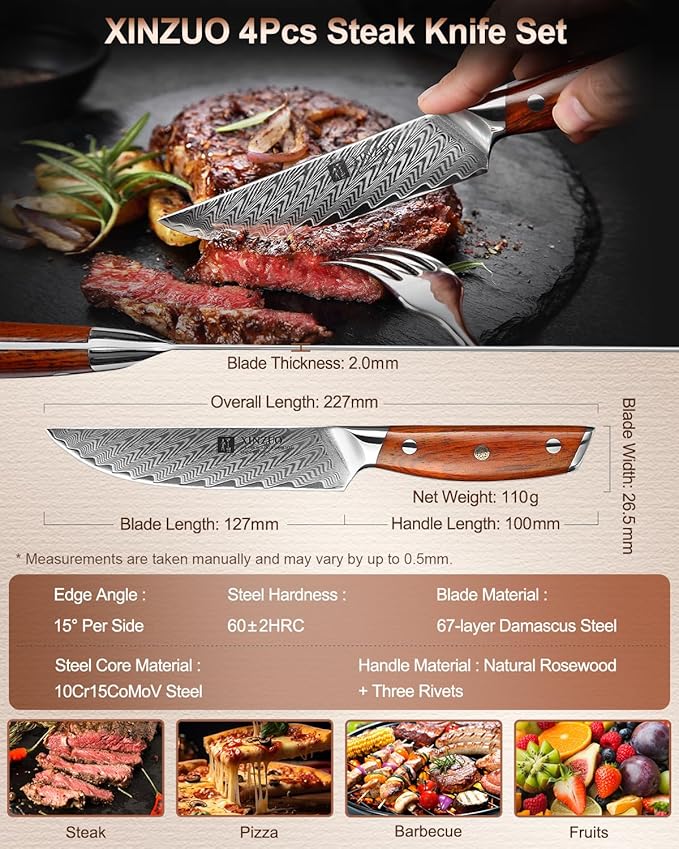 XINZUO Steak Knife Set of 4,Damascus Kitchen Steak Knife Set,5 Inch Dinner Knife Set-Table Knives,Non Serrated Steak Knives,Razor-Sharp Dinner Knives with Ergonomic Rosewood Handle,Gift Box