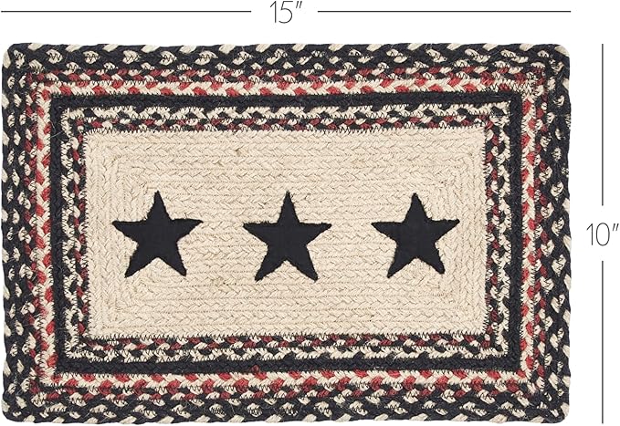 VHC Brands Primitive Colonial Star Table Placemat, Tan Black Red, Jute Blend, Rectangle, 10x15 Inches