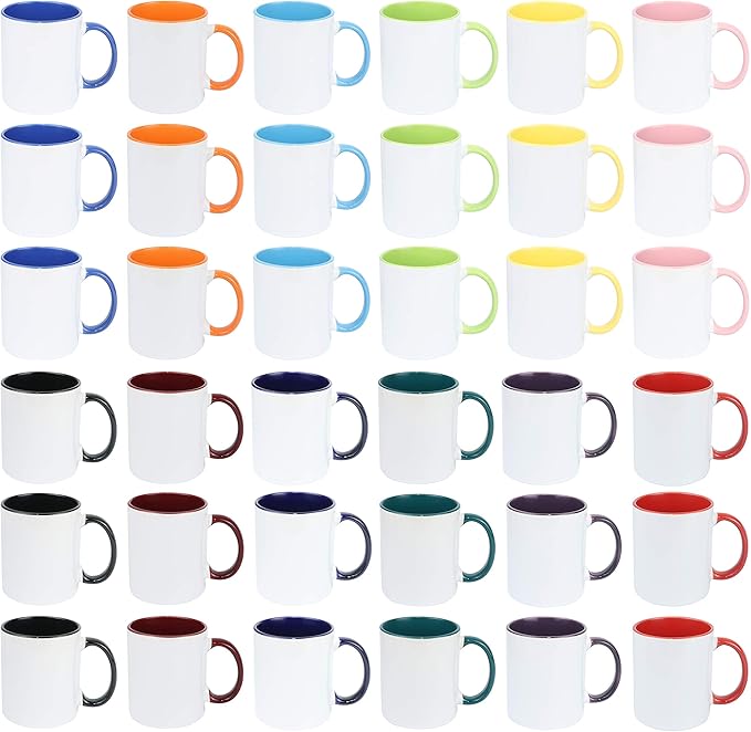 11oz White Ceramic Sublimation Coffee Mug With Solid Colors Inside and Handle, Mixed 12 Colors, Case of 36