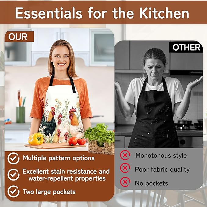 Kitchen Apron with Pocket,Waterproof Adjustable Neck and Long Ties, Cooking Baking Gardening Painting Apron for Women