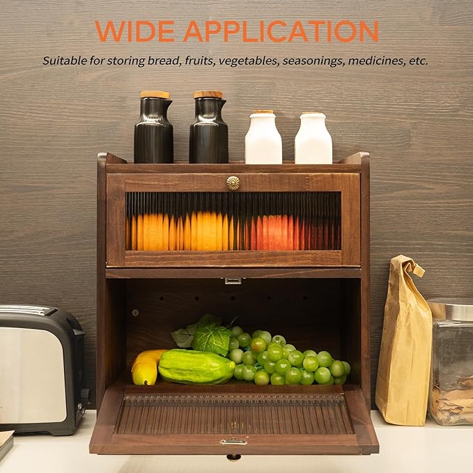 Solid Wood Bread Box for Kitchen Countertop with Drawer and 50 Count Deli Paper, 2 Layer Large Capacity Wooden Breadbox, Vintage Food Storage Container for Kitchen Counter Corner, Brown