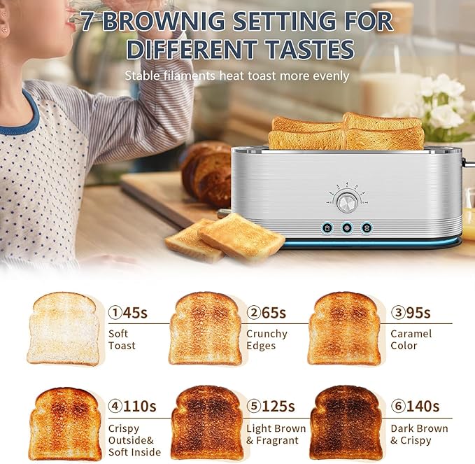 4-Slice Toaster, 7 Browning Settings, Removable Crumb Tray, Full body Stainless Steel Housing 1350W ，Anti-Fingerprint & Anti-Jam,Stainless Steel