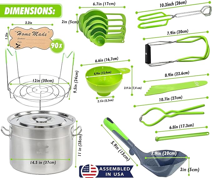 Supa Ant 24 Qt. Stainless Steel Water Bath Canning Pot with Canning Supplies Starter Kit - Canning Rack,Food Grade Canning Ladle, Measuring Cups,Funnel,Tongs,Jar Lifter & Wrench,Lid Lifter, 90x Labels