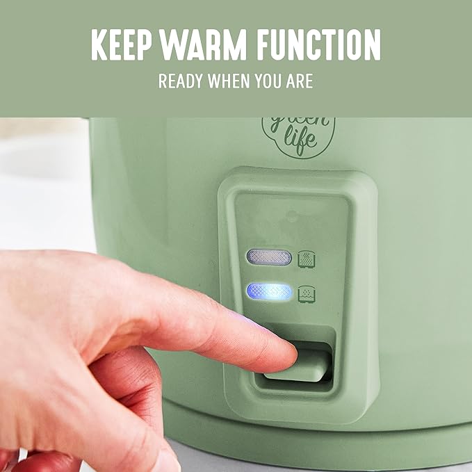 GreenLife Rice Cooker with Removable PFAS-Free Nonstick Pot, 3-Cups Uncooked/6-Cups Cooked, One-Switch Design, Auto Keep Warm Function, Soup, Grains, Oatmeal, Wood Handle, Sage Green