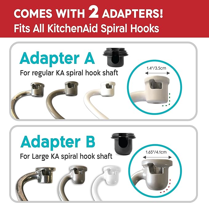 KneadAce Spiral Dough Hook Shield For kitchenaid Mixer-Prevents Dough from Clogging Your Bowl Lift Mixer- Compatible With KitchenAid Dough Hook. (With 2 Adapters-Fits All KA Spiral Hooks)