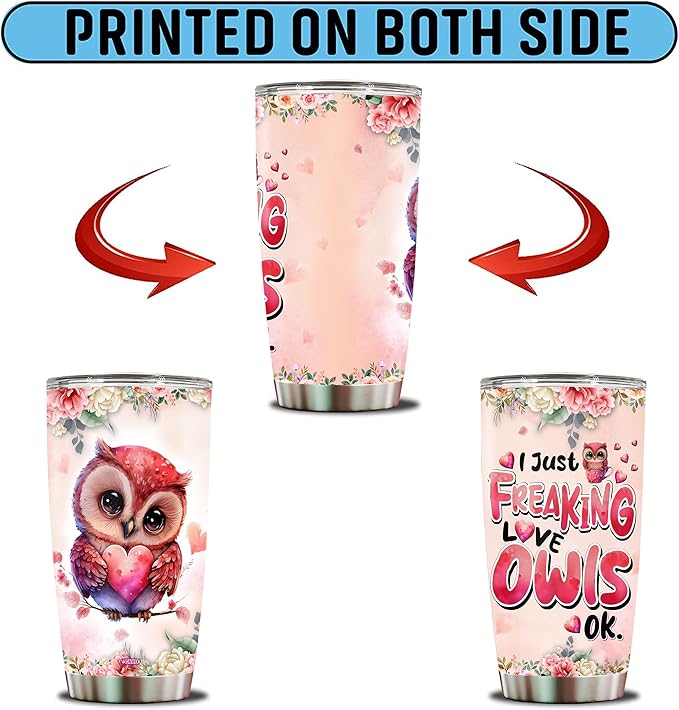 Owl Tumbler 20oz Cute Animal Gift for Women, Girls Who Freaking Love Owls Woodland Lovers Heart Perfect Wife Daughter Insulated Stainless Steel Coffee Cup with Lid
