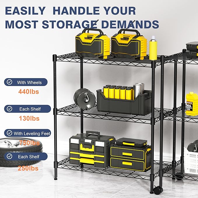3-Tier Wire Shelf Rack,24" Dx14 Wx 30" H,Wire Metal Shelving with Lockable Wheels,Height Adjustable Storage Sranding Shelves for Kitchen,Living Room,Laundry,Office,Pantry,Studio,Black