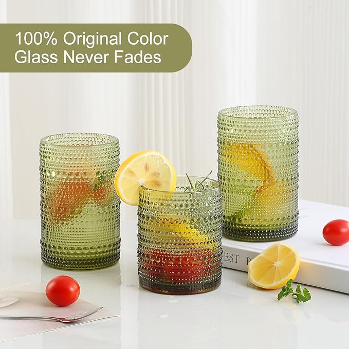 Vintage Glassware Drinking Glasses Set of 12,Green 12oz & 15oz Hobnail Glass Cups,Embossed Water Tumbler,for Beer,Cocktail,Whiskey,Juice and Various Mixed Drinks- 1 Cleaning Brush